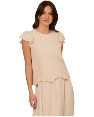 Adrianna Papell Scalloped Crew Neck Swingy Airflow Flutter Sleeve Cutout Top - Natural