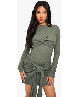 Boohoo Textured Wrap Knot Detail Mini Dress - Green