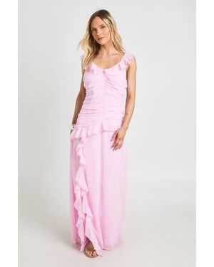 Boohoo Petite Chiffon Ruched Waist Ruffle Detail Maxi Dress - Pink