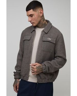 BoohooMAN Tall Check Boxy Regular Fit Harrington Jacket - Grey