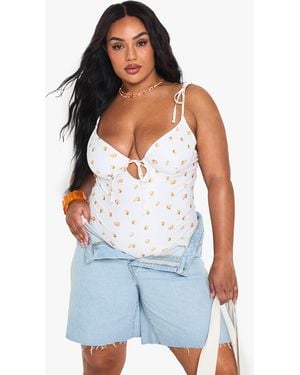 Boohoo Plus Tangerine Print Bandeau Swimsuit - Blue