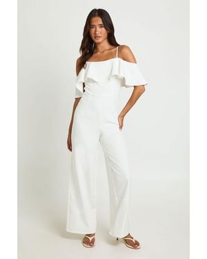 Boohoo Tailored Strappy Foldover Ruffle Jumpsuit - White