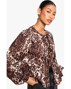Boohoo Dark Leopard Tie Front Puff Long Sleeve Smock Top - Brown
