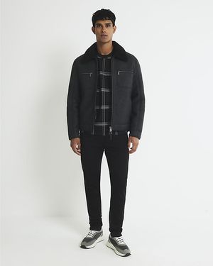 River Island Western Jacket Nubuck Zip Shearling - Black