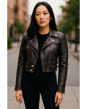 Infinity Leather Vintage Cropped Brando Biker Jacket-Durban - Black