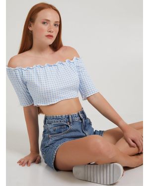 Pink Vanilla Frill Detail Gingham Bardot Top - Blue