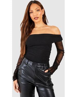 Boohoo Tall Off The Shoulder Mesh Bodysuit - Black