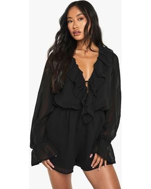 Boohoo Chiffon Long Sleeve Ruffle Playsuit - Black