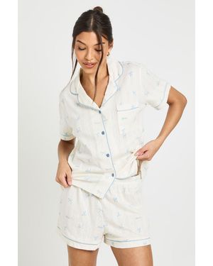Boohoo Bow Print Pointelle Button Through Short Sleeve & Pyjama Set - White
