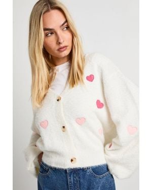 Boohoo Fluffy Knit Heart Embroidered Oversized Knitted Cardigan - White