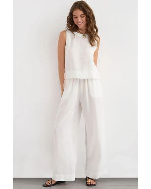 Hiccup Linen Feel Blouse & Elastic Waist Trousers Two-Piece Coord Set - White