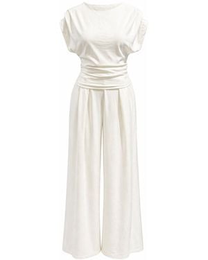 MixRay High Waist Wide Leg Knit Co-Ord Set With Boat Neck - White