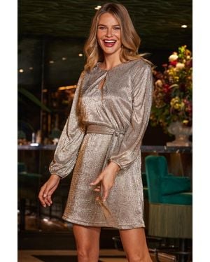 Sosandar Luxe Shimmer Belted Shift Dress - Brown