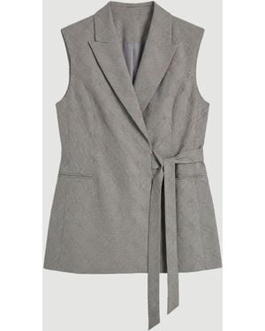 Karen Millen Plus Size Soft Tailored Check Wrap Detail Sleeveless Blazer - Grey