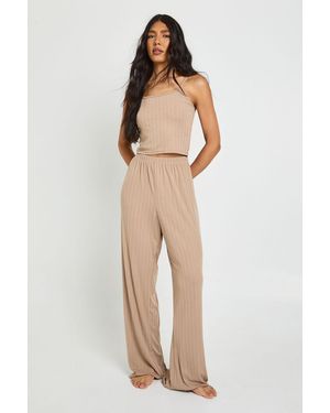 Boohoo Tall Pointelle Cami And Wide Leg Trouser Pyjama Set - Natural