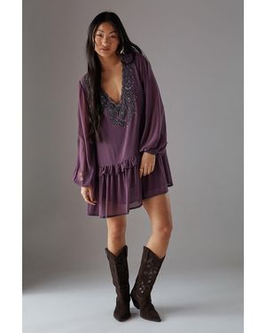 Warehouse Petite Hand Embellished Chiffon Mini Smock Dress - Purple