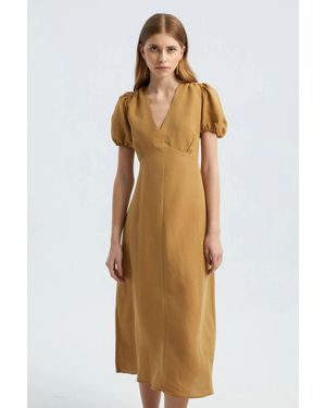 Hiccup V Neck Puff Sleeves Midi Dress - Natural