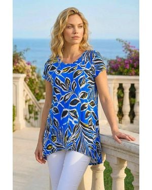 Roman Textured Leaf Print Stretch Tunic Top - Blue