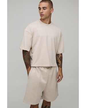 BoohooMAN Oversized Boxy T-Shirt & Drop Crotch Shorts Set - Natural
