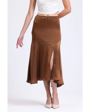 Hiccup Satin Elastic Waist Slit Midi Skirt - Brown