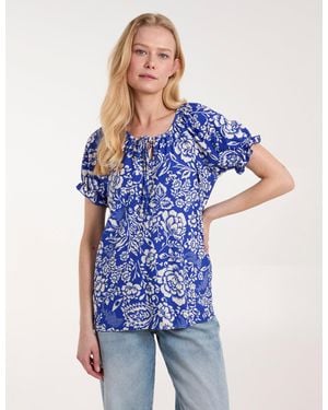Blue Vanilla Shirred Sleeve Tie Front Top - Blue