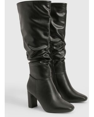Boohoo Wide Fit Ruched Knee High Heeled Boots - Black