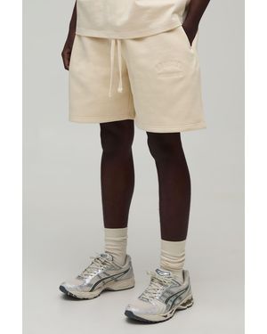 BoohooMAN Heavyweight Embroidered Baggy Short - Natural