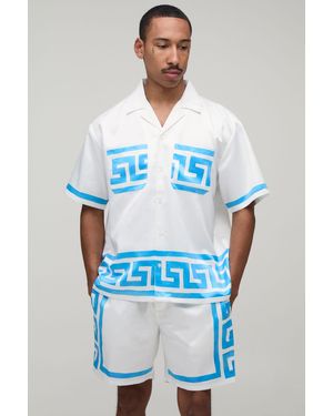 BoohooMAN Oversized Short Sleeve Abstract Boarder Print Satin Shirt & Set - Blue