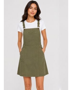 Gini London Khaki Suede Dungaree Pinafore Dress - Green