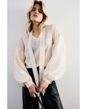 Warehouse Pussybow Tie Neck Blouson Sleeve Blouse - Natural