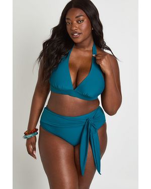 Boohoo Plus Tummy Control Wrap Detail High Waist Bikini Bottom - Blue