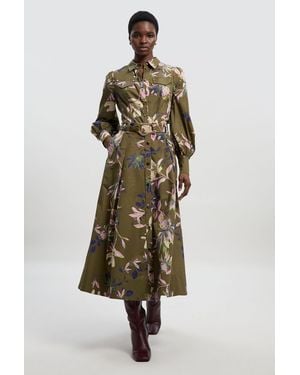 Karen Millen Floral Print Cotton Sateen Woven Belt Detail Midi Skirt - Green