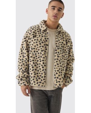 BoohooMAN Oversized Leopard Print Borg Zip Overshirt - Natural