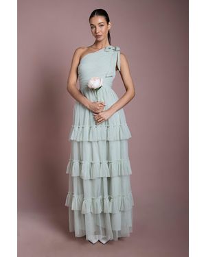 Oasis Sage Pleated Mesh One Shoulder Tiered Maxi Bridesmaid Dress - Brown