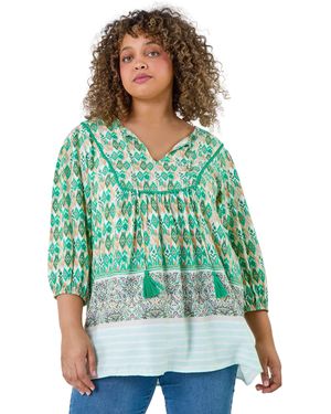 Roman Curve Boho Print Tie Neck Top - Green