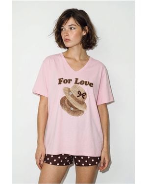 Bianco Lucci Oversized V-Neck Printed T-Shirt - Pink