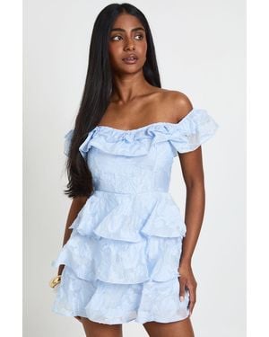 Boohoo Burnout Bardot Tiered Mini Dress - White