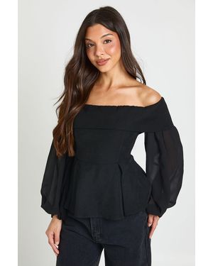Boohoo Chiffon Crepe Bardot Blouse - Black