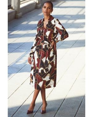 Sosandar Multi Print Zip Front Belted Midi Dress - White