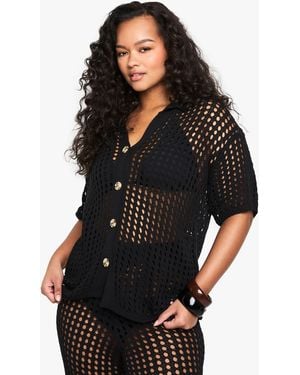 Boohoo Plus Beach Knit Button Down Shirt - Black