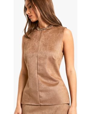 Boohoo Suede Shoulder Racer Top - Brown