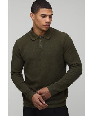 BoohooMAN Regular Fit Long Sleeve Textured Knitted Polo - Green