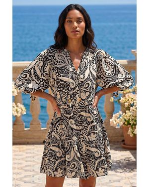 Roman Petite Print Button Smock Dress - Black