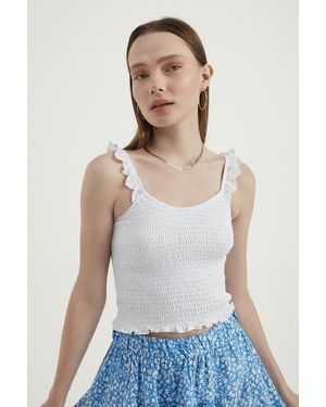 Hiccup V Neck Smocked Cropped Top - White