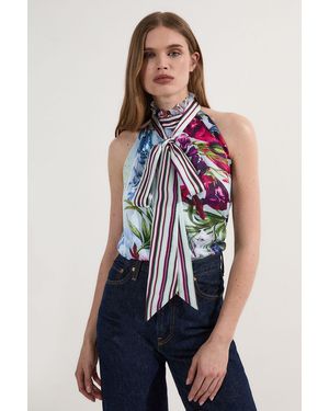 Karen Millen Petite Printed Halter Neck Woven Blouse - Blue