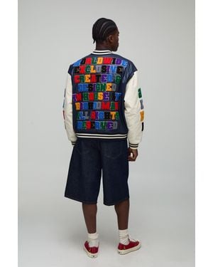 BoohooMAN Oversized Boxy Fit Letter Badge Official Applique Pu Varsity Bomber Jacket - Blue