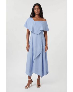 Karen Millen Premium Viscose Linen Tailored Asymmetric Neck Full Skirted Midi Dress - Blue