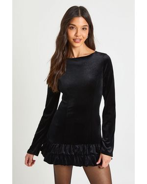 Boohoo Velvet Ruffle Hem Long Sleeve Mini Dress - Black