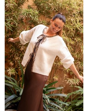 Gini London Contrast Animal Tie Oversized Knit Cardigan - Natural