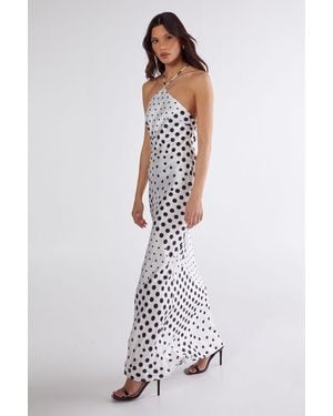 Nasty Gal Satin Polka Dot Halter Neck Cowl Back Maxi Dress - White